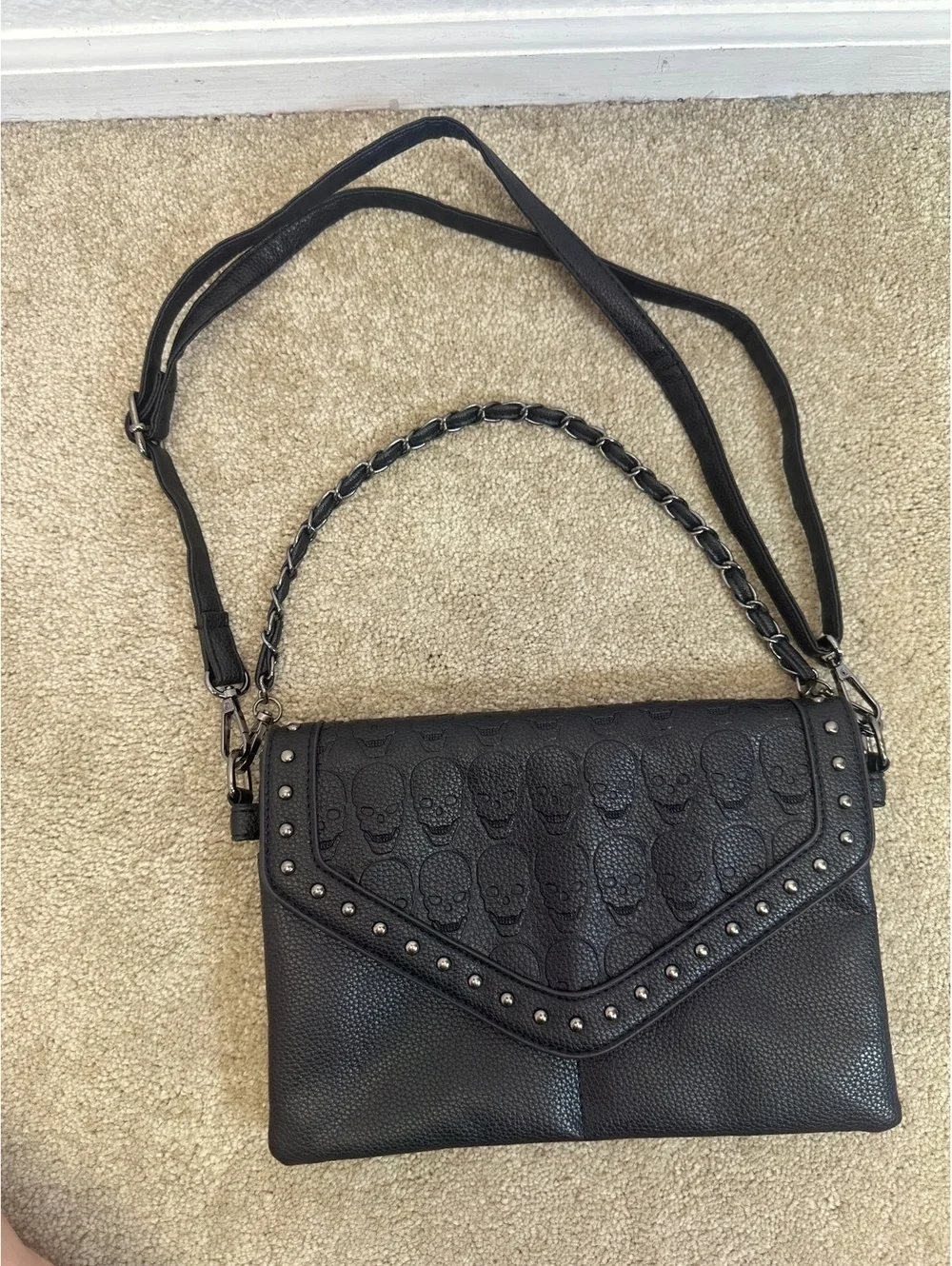 Black Embossed Skull Envelope Clutch Studded PU Leather Handbag Shoulder Strap